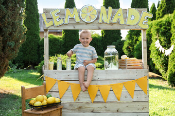 Sticker - Cute little boy sitting on lemonade stand in park