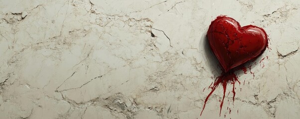 Poster - A vivid red heart with a glossy finish, bleeding onto a textured white marble surface, evoking emotion and intrigue.