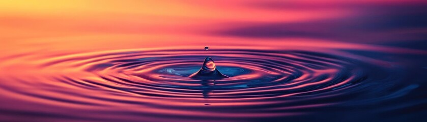 Poster - A serene water droplet creates ripples in a colorful sunset, capturing the beauty of nature and tranquility.