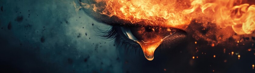 Poster - A dramatic close-up of an eye with flames and tears, symbolizing passion and inner turmoil in a striking visual representation.