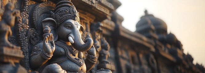 Wall Mural - Side view of a stone Ganesha statue with intricate temple carvings at sunset