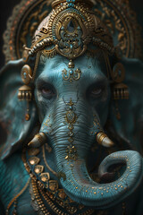 Wall Mural - Majestic close-up of a blue Ganesha statue with ornate golden details