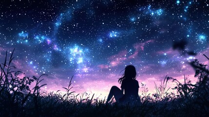 anime girl sitting calmly beneath a twilight sky, with a dazzling tapestry of stars and the infinite