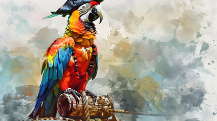 Canvas Print - Parrot Pirate Watercolor art drawing style