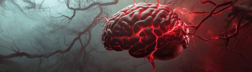 Aufkleber - An artistic representation of a brain with glowing red veins, symbolizing power, thought, and creativity amidst a misty background.
