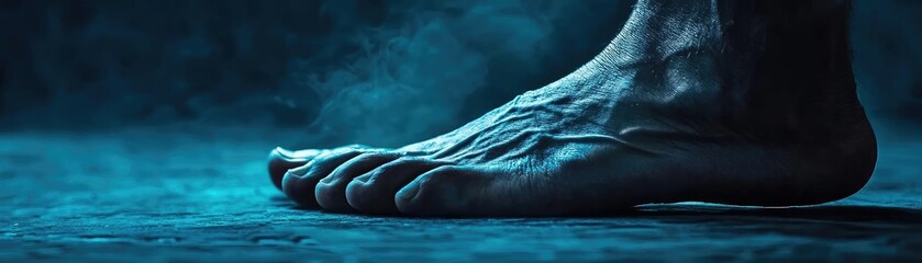 Aufkleber - A close-up of a human foot displaying intricate textures and details, set against a mysterious smoky background.