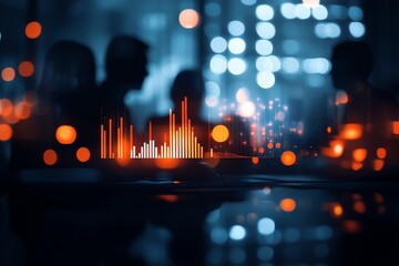 Silhouettes of people in a modern office setting with illuminated data charts, representing analytics and teamwork in a corporate environment.