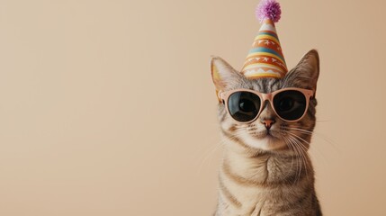 Wall Mural - Adorable Feline Wearing Festive Party Hat and Sunglasses