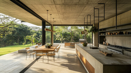 an open air kitchen with exposed concrete design