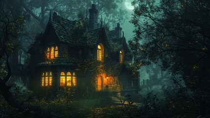 Wall Mural - Haunted house with glowing windows