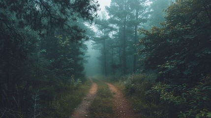 Wall Mural - Eerie mist covering a dark forest path