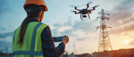 Wall Mural - A woman in a safety vest is controlling a drone. The drone is flying over a power line