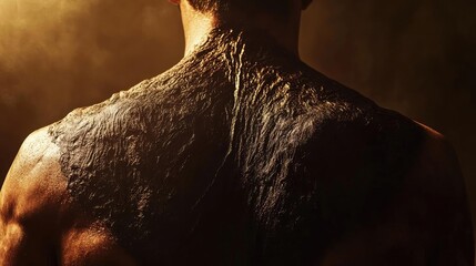 Poster - A close-up view of a man's textured back, highlighting intricate details and a dramatic lighting effect.