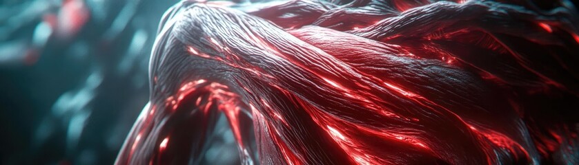 Poster - Abstract close-up of intricate red fibers illuminated by soft light, evoking a sense of depth and texture in a dynamic composition.