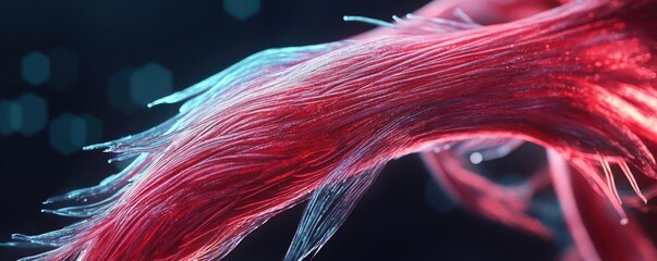 Poster - An intricate close-up of vibrant muscle fibers, showcasing detailed texture and color against a dark background.