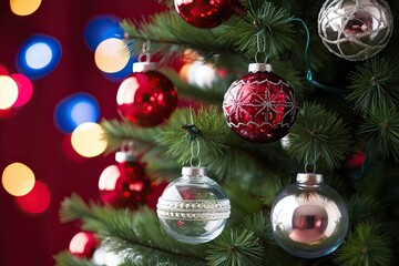 Elegant Glass Ornaments on a Tree with Ruby Red Background and Colorful Bokeh Lights for Holiday Celebrations