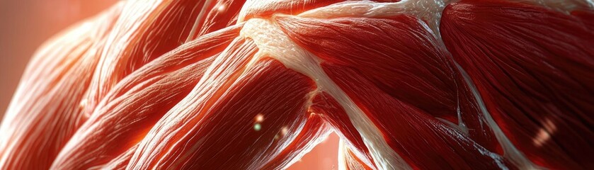 Poster - Detailed close-up of human muscle tissue showcasing the intricate fibers and textures, highlighting anatomical structure and strength.