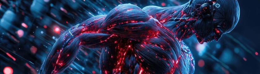 Poster - A striking representation of human anatomy, showcasing vibrant muscles and veins against a dynamic backdrop of colors and lights.