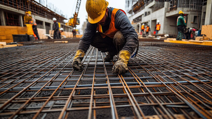 A construction worker is laying down a metal grid on a sidewalk. The worker is wearing a yellow helmet and orange safety vest. Concept of hard work and dedication to the job