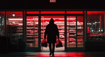 Wall Mural - A hooded figure exits a brightly lit store at night, carrying grocery bags.