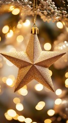 Aufkleber - Golden star ornament on christmas tree with bokeh lights, festive decoration. Holiday season and celebration concept