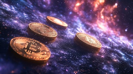 Wall Mural - Gold Bitcoin Coins Scattered Across a Glittering Galaxy