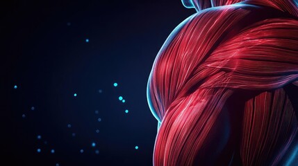 Poster - A vivid illustration of human muscle structure against a dark background, showcasing anatomy and biological complexity.