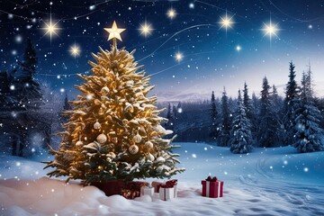 Wall Mural - Picturesque Winter Landscape Featuring a Cozy Christmas Tree Amidst Swirling Snow and Shining Stars