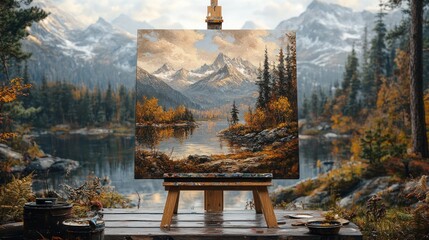 Wall Mural - Painting of Mountains and Lake with Autumn Colors