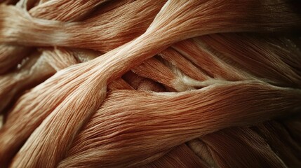 Poster - Close-up of intertwined fibers showcasing a soft, textured surface in natural peach tones, perfect for textile and design projects.