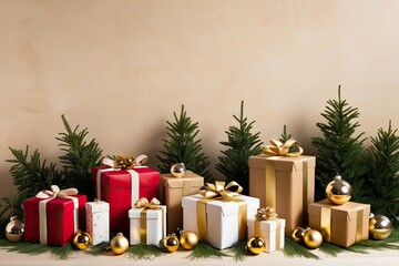 Festive Holiday Decoration with Wrapped Presents Gold Ornaments and Evergreen Needles on Beige Background