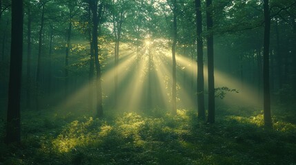 Wall Mural - Sunlight Streaming Through a Misty Forest