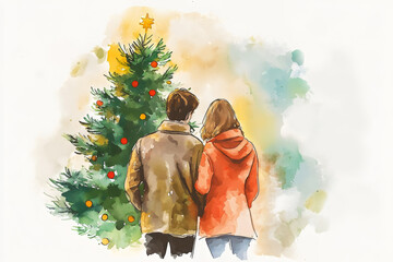 Watercolor background of a young couple and a decorated christmas tree from the back for love and romance concept