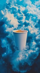 Wall Mural - Coffee cup floating among clouds, surreal concept