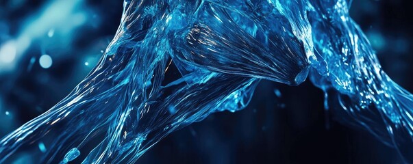 Aufkleber - A stunning close-up of water splashing with intricate details, showcasing vibrant blue hues against a dark background.