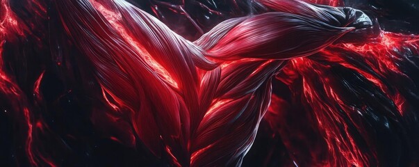 Poster - Dynamic abstract representation of flowing red muscle texture, showcasing strength and movement in a dark, dramatic background.