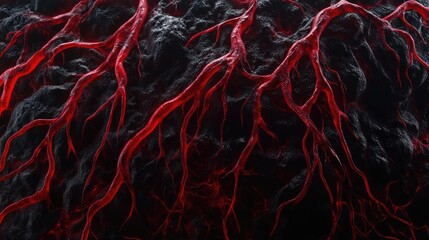 Poster - Close-up view of intricate red roots weaving through a dark, textured surface, highlighting depth and organic complexity.