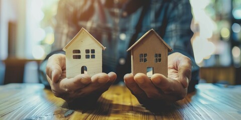 Asian businessman showing two model houses for client decision on buying or renting Mortgage options for real estate purchase