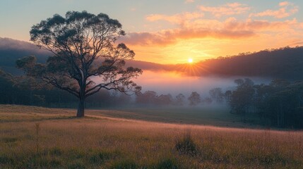 Wall Mural - Solitary Tree in a Misty Meadow at Sunrise