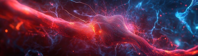 Poster - Vibrant cosmic nebula with swirling colors of red and blue, creating an ethereal, otherworldly atmosphere.