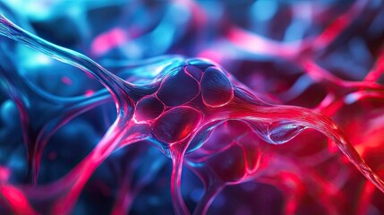 Poster - Abstract depiction of cells interconnected with vibrant blue and red hues, highlighting the complexity of biological structures.