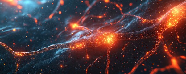 Poster - Vibrant abstract representation of neural pathways illuminated by glowing particles, symbolizing connectivity and technology.