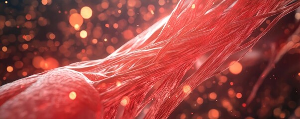 Poster - Close-up view of interconnected red fibers, showcasing intricate details and textures, perfect for scientific and medical projects.