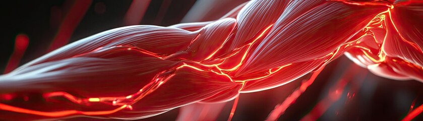 Poster - Close-up view of vivid red muscle tissue, showcasing intricate textures and dynamic movement, ideal for medical and artistic uses.