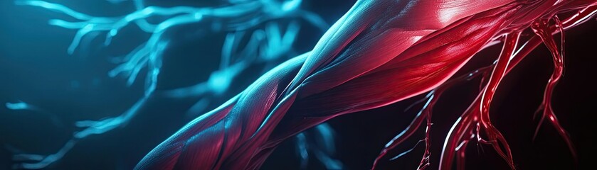 Poster - A stunning abstract representation of muscle fibers in vibrant red and blue colors, showcasing organic forms and dynamic movement.