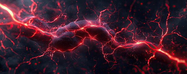 Poster - A striking visual of red lightning energy surging through darkness, perfect for illustrating power, motion, and electrical themes.