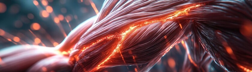 Poster - Close-up view of vibrant muscle fibers showcasing intricate details and dynamic energy, ideal for health and fitness themes.