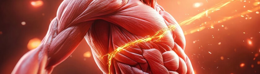 Poster - Dynamic depiction of human anatomy showcasing muscle structure with glowing highlights and intricate details for educational purposes.