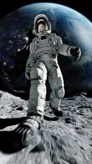 Wall Mural - astronaut in spacesuit on planet in space on earth background. spaceman exploring surface moon in ex
