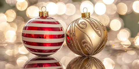 Sticker - Two Christmas ornaments, one red and white striped ornament next to an ornate gold ball with stripes, generative AI